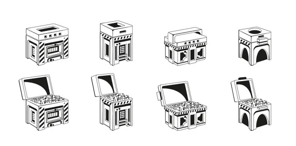 Futuristic Chests Black White Icons Set Closed Open Boxes Treasure — Stock Vector