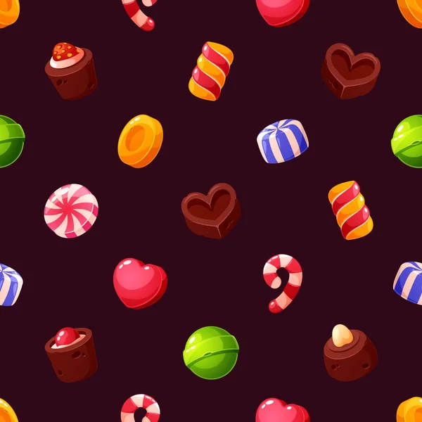 精美的无缝隙图案特色五彩缤纷的糖果 糖蜜和巧克力糖果阵列 完美地增加了任何设计或项目的甜味和欢乐 卡通矢量图解 — 图库矢量图片