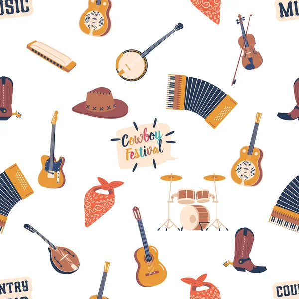Naadloos Patroon Met Country Muziekinstrumenten Zoals Gitaar Banjo Drums Viool — Stockvector