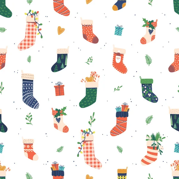 Slavnostní Bezešvé Vzor Představovat Vánoční Ponožky Naplněné Dárky Zářivých Barvách — Stockový vektor