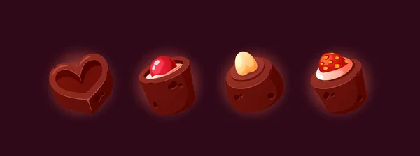 Icônes Jeu Bonbons Friandises Sucrées Faites Chocolat Rempli Caramel Noix — Image vectorielle