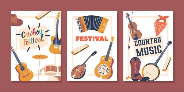 Country Music Instrument Themed Banners Vibrant Displays Featuring Guitar Fiddle — Stock Vector