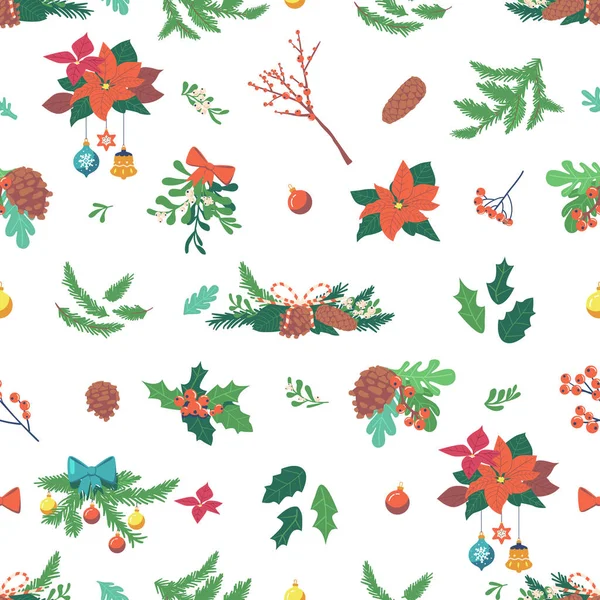 Nahtloses Muster Mit Festlichen Weihnachtspflanzen Und Dekorationen Darunter Stechpalmen Misteln — Stockvektor