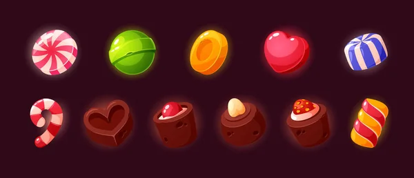 Süßigkeitenspiel Ikonen Set Vorhanden Süßigkeiten Oder Gui Elemente Gestreiftes Karamell — Stockvektor