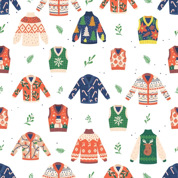 Festive Seamless Pattern Christmas Sweaters Adorned Classic Holiday Motifs Reindeer — Stock Vector