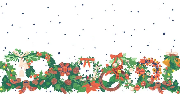 Festliche Und Fröhliche Nahtlose Muster Mit Weihnachtsbaumkränzen Und Girlanden Dekoriert — Stockvektor