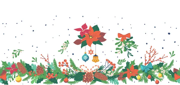 Festive Seamless Pattern Christmas Plants Decorations Holly Leaves Mistletoe Spruce — Stock Vector