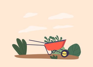 Garden Wheelbarrow canlı bitkilerle dolup taşıyor, dış uzaya renk ve hayat katıyor. Bahçe işleri için elverişli ve pratik. Çizgi film Vektör İllüstrasyonu