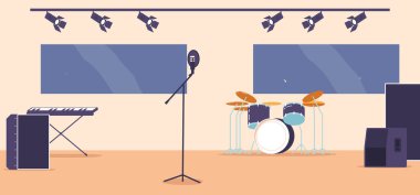 Rock müzik sahnesi, Davullarla Canlı Kurgu ve yüksek enerjili rock performansları yaratmaya hazır klavye dinamik sesi ve güçlü varlığıyla seyirciyi heyecanlandırıyor. Çizgi film Vektör İllüstrasyonu