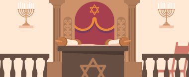 Sinagog içi, Ark, Bimah ve Tevrat yazıtlarıyla süslenmiş. Dini sembollerle süslenmiş ve Menorah 'lar barışçıl ve ruhani atmosferi destekliyor. Çizgi film Vektör İllüstrasyonu