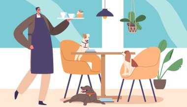Pet Friendly Cafe 'de köpek servisi yapan garson. Evcil hayvanların hoş karşılandığı rahat bir yer. Tüylü arkadaşları sosyalleşip rahatlarken evcil hayvan sahiplerinin kahve ve ikramın tadını çıkarması için. Vektör İllüstrasyonu