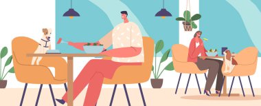 Müşteriler, tüylü eşlikçileriyle birlikte evcil hayvan dostu atmosferinin tadını çıkararak Kafe 'yi ziyaret ediyor. Kafe, evcil hayvanların sahiplerine eşlik etmesine izin veriyor ve rahat bir ortam yaratıyor. Çizgi film Vektör İllüstrasyonu