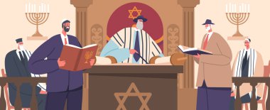 Bir sinagogda bir araya gelen, ibadet edenler, bir hahamın rehberliğinde dualar, okumalar ve ritüeller yapar, bir topluluk ve ruhsal bağlantı hissi yaratır. Çizgi film İnsanları Vektör İllüstrasyonu