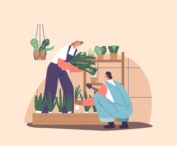 グリーンハウスで成長するキャラクターは 管理された環境で野菜とハーブを栽培し 成長し 成長する季節 ベクターに最適な条件を提供します — ストックベクタ