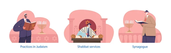 Vereinzelte Elemente Mit Gläubigen Einer Synagoge Gebete Lesungen Und Rituale — Stockvektor