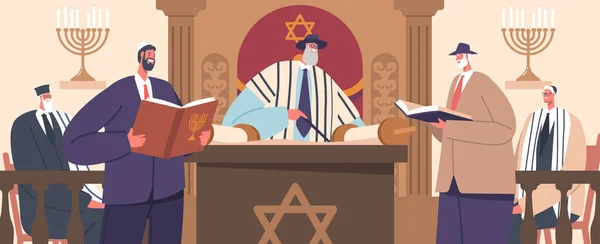Gathered In A Synagogue, Worshippers Engage In Prayers, Readings, And Rituals Under The Guidance Of A Rabbi, Fostering A Sense Of Community And Spiritual Connection. Cartoon People Vector Illustration
