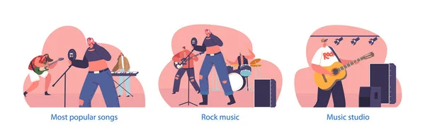 Isolated Elements Rock Group Characters Performing Concert Stage Electric Guitarists — Stock Vector