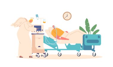 Hastanedeki yaşlı adam, zayıf ve narin, koruyucu meleği tarafından teselli ediliyor, ihtiyaç duyduğu süre boyunca ona solasyon ve koruma sunuyor. Çizgi film İnsanları Vektör İllüstrasyonu