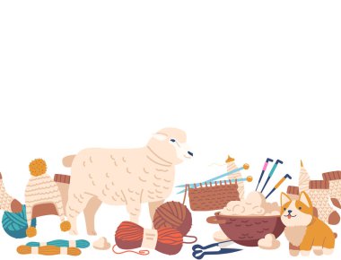 Sade koyun yünü eşyasıyla kusursuz desenli, tüylü iplik, kalın şapkalar ve yumuşak çoraplar, rahat ve çekici bir kış tasarımı için mükemmel. Yatay Sınır, Duvar kağıdı. Çizgi film Vektör İllüstrasyonu