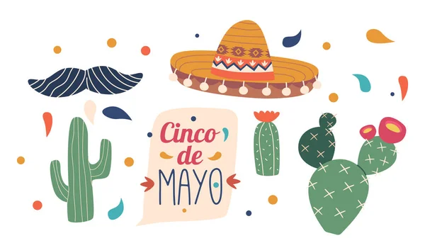 Vibrant Cinco Mayo Banner Adorned Cactus Sombrero Hat Stylish Mustaches — Stock Vector