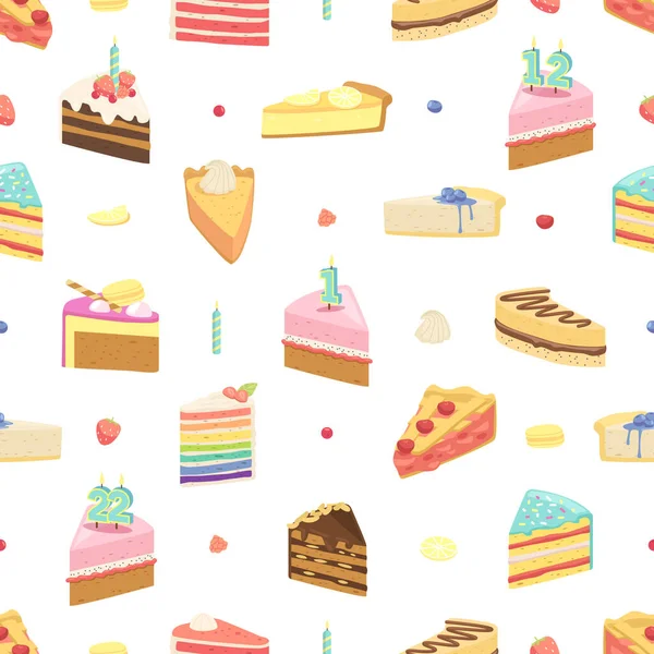 Безшовний Візерунок Чудовими Шматочками Торта Святкове Тістечко Десерти Різних Смаках — стоковий вектор