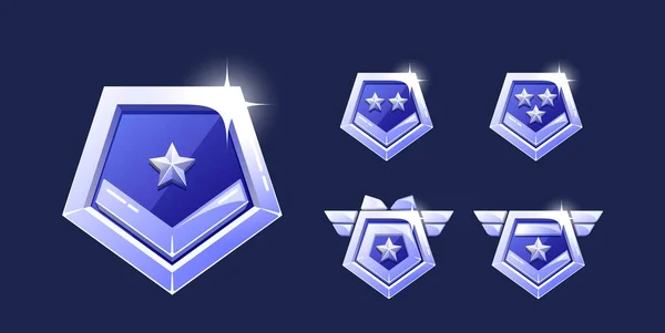 Combat Game Level Metallic Icons Pentagon Military Badges Chevrons Banners — Stockvector