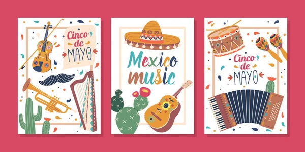 Kleurrijke Banieren Met Mexicaanse Muziekinstrumenten Vieren Levendige Cultuur Van Mexico — Stockvector