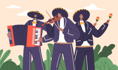 Canlı Mariachi Müzisyenleri Geleneksel Meksika Müziği Grubu. Renkli kıyafetler ve geniş bir enstrüman yelpazesi seyircilere otantik bir kültürel deneyim kazandırıyor. Çizgi film Vektör İllüstrasyonu