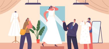Kadın karakter heyecan verici bir şekilde düğün salonunda çeşitli elbiseler dener ve özel gün için mükemmel bir elbise arar. Aynalar, Dantelli ve Zarif Uzay Tulle Adorn. Çizgi film İnsanları Vektör İllüstrasyonu