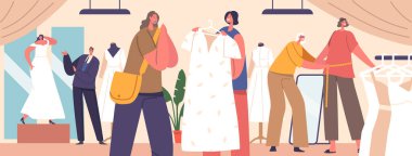 Kadınlar salonda Gelinlik Seçiyor. Kadın karakterler şık elbise raflarını karıştırıyor, çeşitli stiller deniyor, özel gün için en uygun olanı arıyorlar. Çizgi film İnsanları Vektör İllüstrasyonu