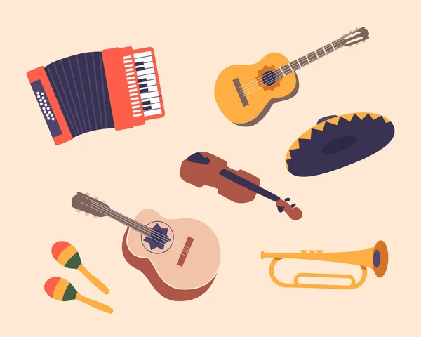 Uppsättning Mexikanska Musikinstrument Och Sombrero Maracas Gitarr Dragspel Och Trumpet — Stock vektor
