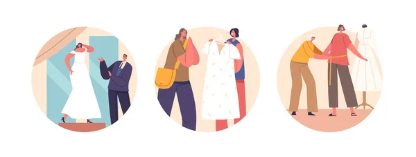 Izolowane Okrągłe Ikony Lub Avatary Kobiet Wybrać Przymierzyć Suknię Ślubną — Wektor stockowy