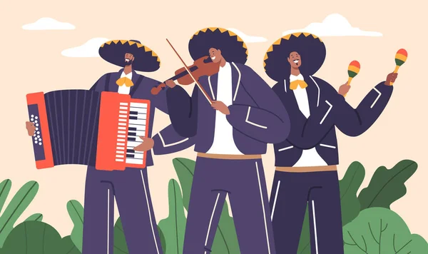 Vibrant Mariachi Musicians Band Wykonuj Tradycyjną Muzykę Meksykańską Kolorowe Stroje — Wektor stockowy