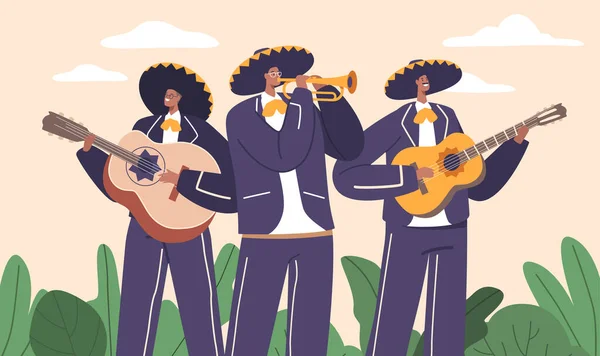 メキシコのミュージシャンのキャラクターを活発にアンサンブル 伝統的な慈善衣装 トランペット ギター ギターを演奏 お祝いのメロディチアを広める ベクター イラスト — ストックベクタ
