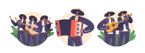 Mariachi Musician乐队演奏Trumpet Violin Guitar Naqudion和Maragua等墨西哥传统乐器的孤立的圆形图标或Avatars 带来了真实的文化体验 — 图库矢量图片