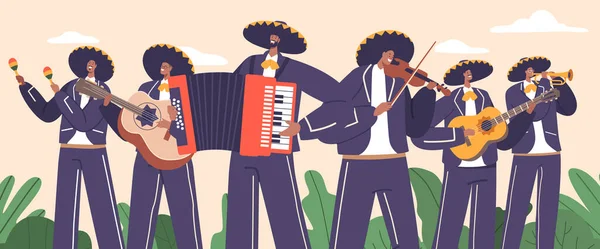 トランペット バイオリン ギターなどの伝統的なメキシコの楽器を演奏するライブマリアチミュージシャンのキャラクターバンドは 活気に満ちた音楽体験を作成します ベクター イラスト — ストックベクタ