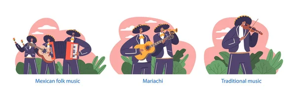 与Mariachi Musician乐队演奏Trumpet Violin Marte和Guitar等墨西哥传统乐器的分离元素 创造了迷人的音乐体验 卡通矢量图解 — 图库矢量图片