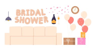 Gelin Duşu Kutlaması için Simgeler Seti. Kanepe, lambalar, balonlar ve hediye kutularıyla şampanya. Oda İçi Elementleri Yumuşak Pastel Renkleri ve Dekorasyonlar. Çizgi film Vektör İllüstrasyonu