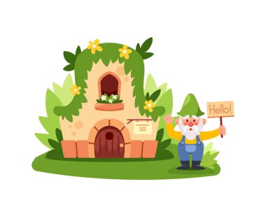 Çizgi roman Elf ya da Cüce Evi, Peri ya da Cüce İçin Fantezi Evi. Tahta Kapılı Taş Ev, Yeşil Çimenli Çatı ve Şirin Karakterli Pencere. Çizgi film Binası Vektör İllüstrasyonu