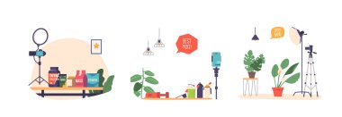 Blogger Studio Interiors, Yaratıcı Yerler şık dekorlar, kameralar, canlı ışıklandırma, İlham Vermek ve İçerik Oluşturmak İçin İdeal Arkaplan Sağlanıyor. Çizgi film Vektör İllüstrasyonu