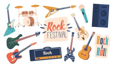 Rock müzik enstrümanları seti. Elektro Gitarlar, Bas Gitarlar, Davullar, Klavyeler, Dinamik ve Mikrofonlar Sesleri Arttırıyor, Enerjiyi Yaratıyorlar, Dinamik Rock Müzik Türü. Çizgi film Vektör İllüstrasyonu