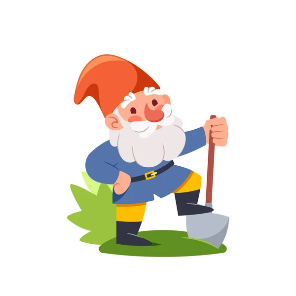 Cartoon Gnome Gardener Standing Shovel Dwarf Fantasy Character Wearing Pointed — Stock Vector