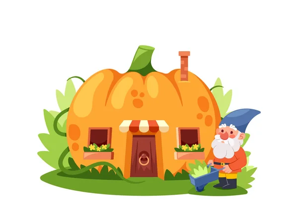 Gnome Gardener Fairytale Pumpkin House Fairytale Home Ripe Orange Gourd — Stock Vector