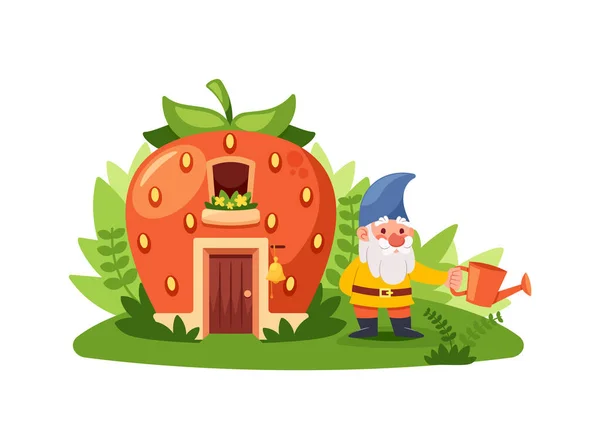 Cartoon Gnome Gardener Watering Can Fairytale Strawberry House Cute Dwarf — Stock Vector