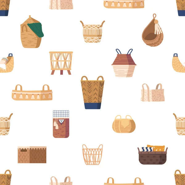 Seamless Pattern Featuring Wicker Baskets Creating Rustic Textured Design Tile — Stock Vector