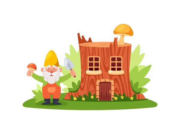 Cartoon Gnome Gardener Character Fairytale Stump House Stub Home Fairy — Stock Vector