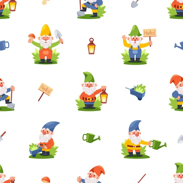 Charming Seamless Pattern Featuring Adorable Gnome Gardeners Tending Plants Adding — Stock Vector