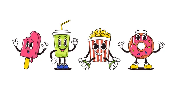 過去の漫画ノスタルジックなファストフードマスコット アイスクリーム コーラカップ ポップコーン ドナツキルキーとカラフルなキャラクターがヴィンテージチャームと遊び心のセンスを引き起こしました ベクターイラスト — ストックベクタ