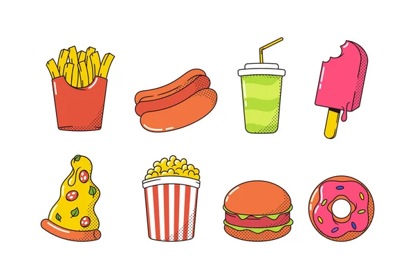 Çizgi Film Retro Fast Food Icons Set Patates Kızartması Hotdog — Stok Vektör