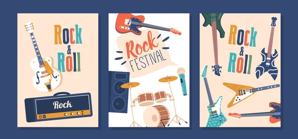 Vibrant Banners Featuring Electric Guitars Drums Microphones Capturing Essence Rock — Stock Vector